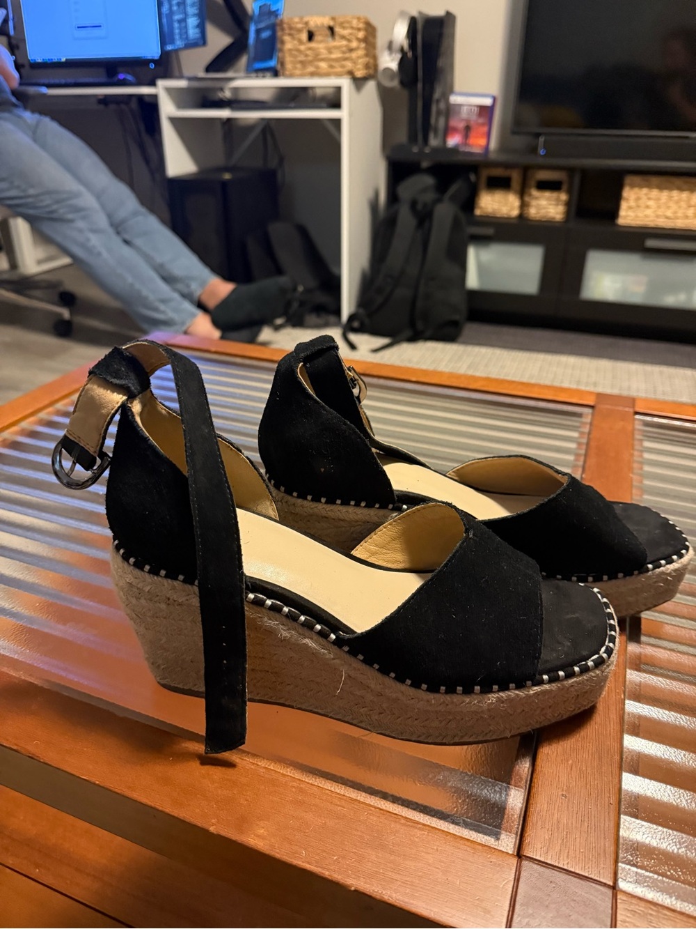 Crown Vintage Black Suede Espadrille Wedge Sandals with Ankle Tie